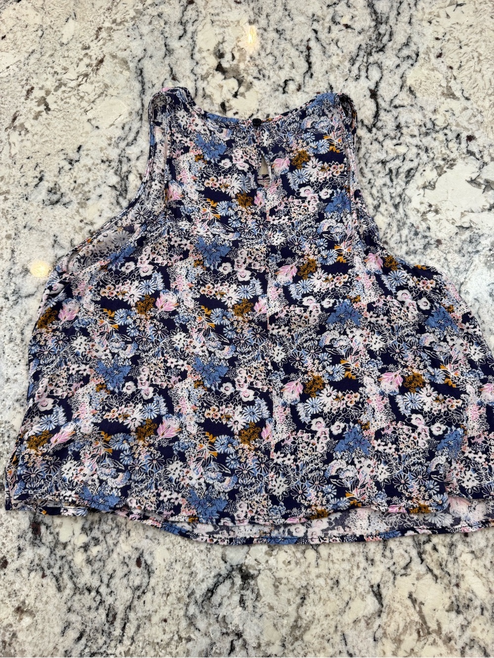 Elodie Floral High Neck Tank Top Navy Blue Rayon Sleeveless Blouse Size Large - Picture 7 of 7
